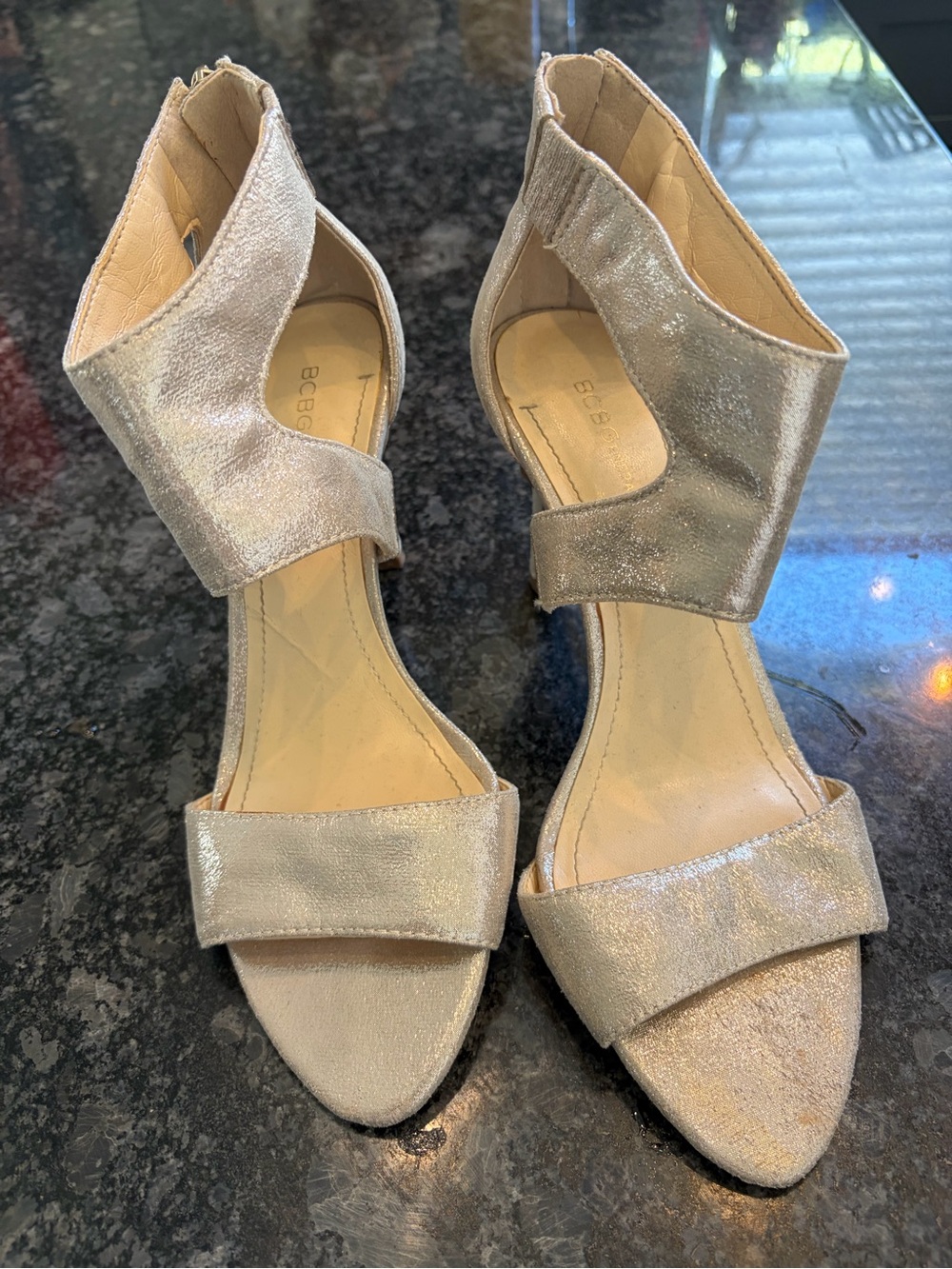 BCBG Shimmery Silver Open-Toe Ankle Strap Heels